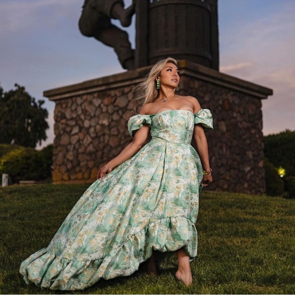 MAC DUGGAL Floral Print Puff Sleeve High Low Brocade Gown